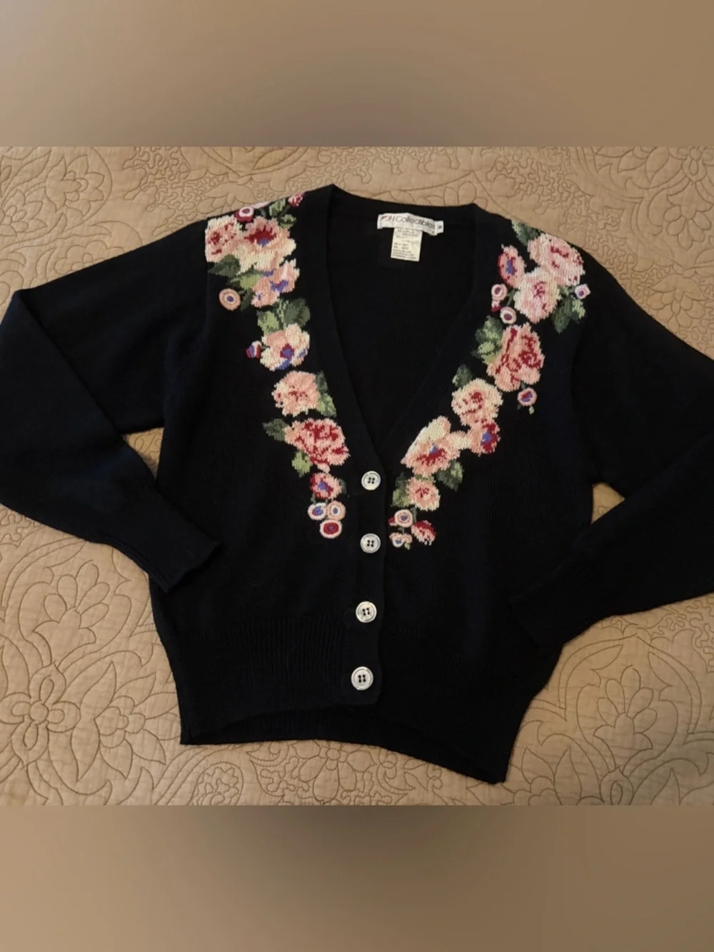 Vintage JH Collectibles Floral Embroidered Black Cardigan Sweater Cottagecore S